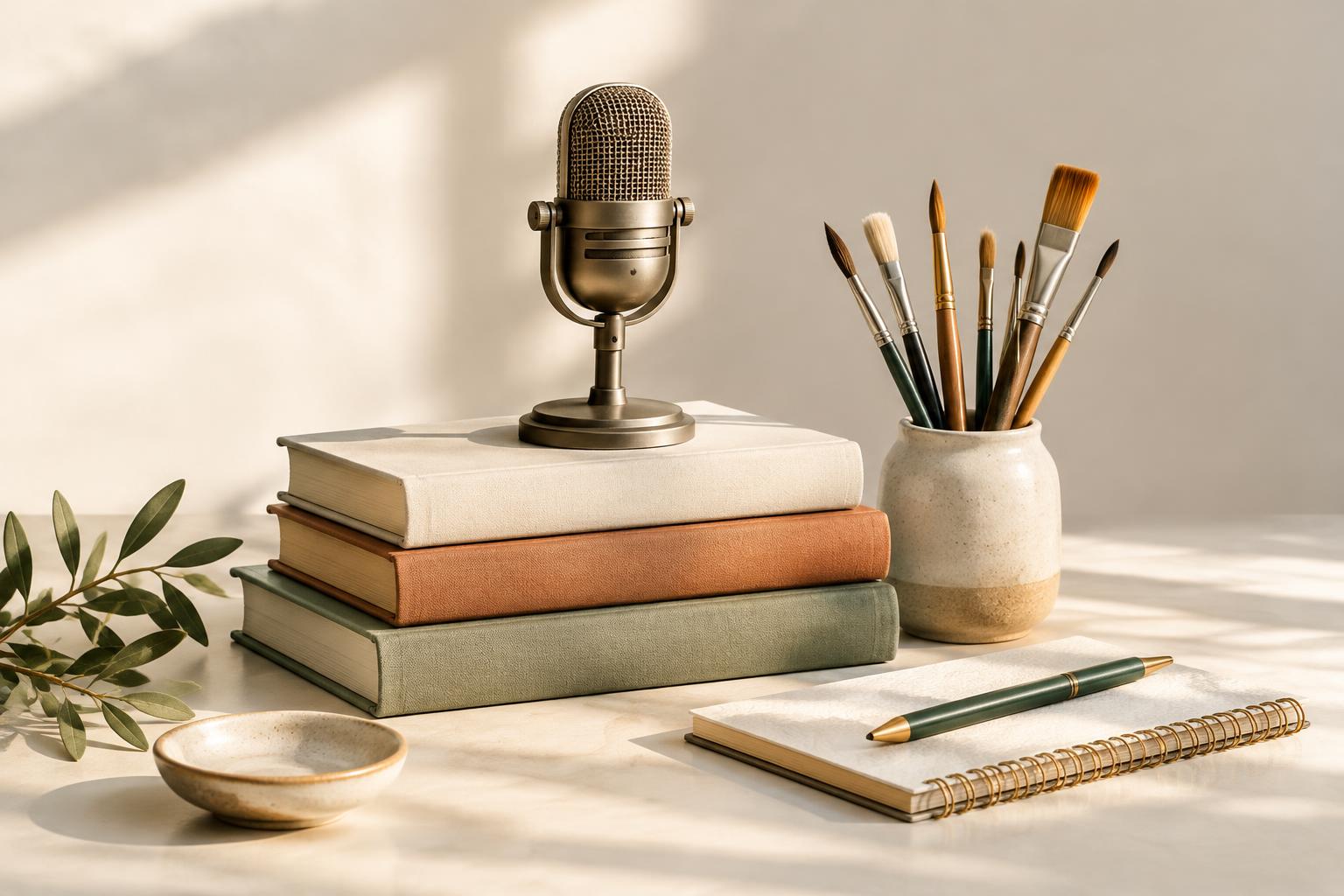 Books, art brushes, and a microphone celebrating creative voices